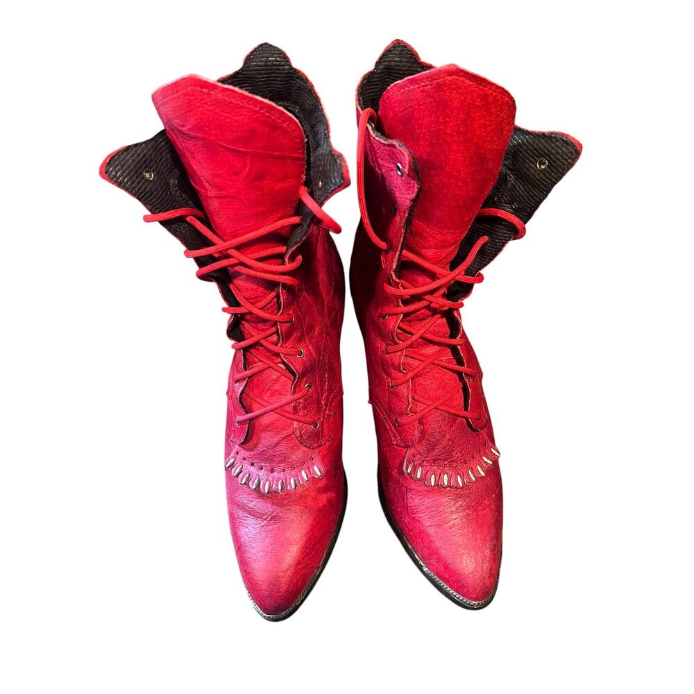 Vintage Witchy Red Leather Lace-Up Kiltie Roper Boots – Western Cowgirl Style 8 - Picture 4 of 12